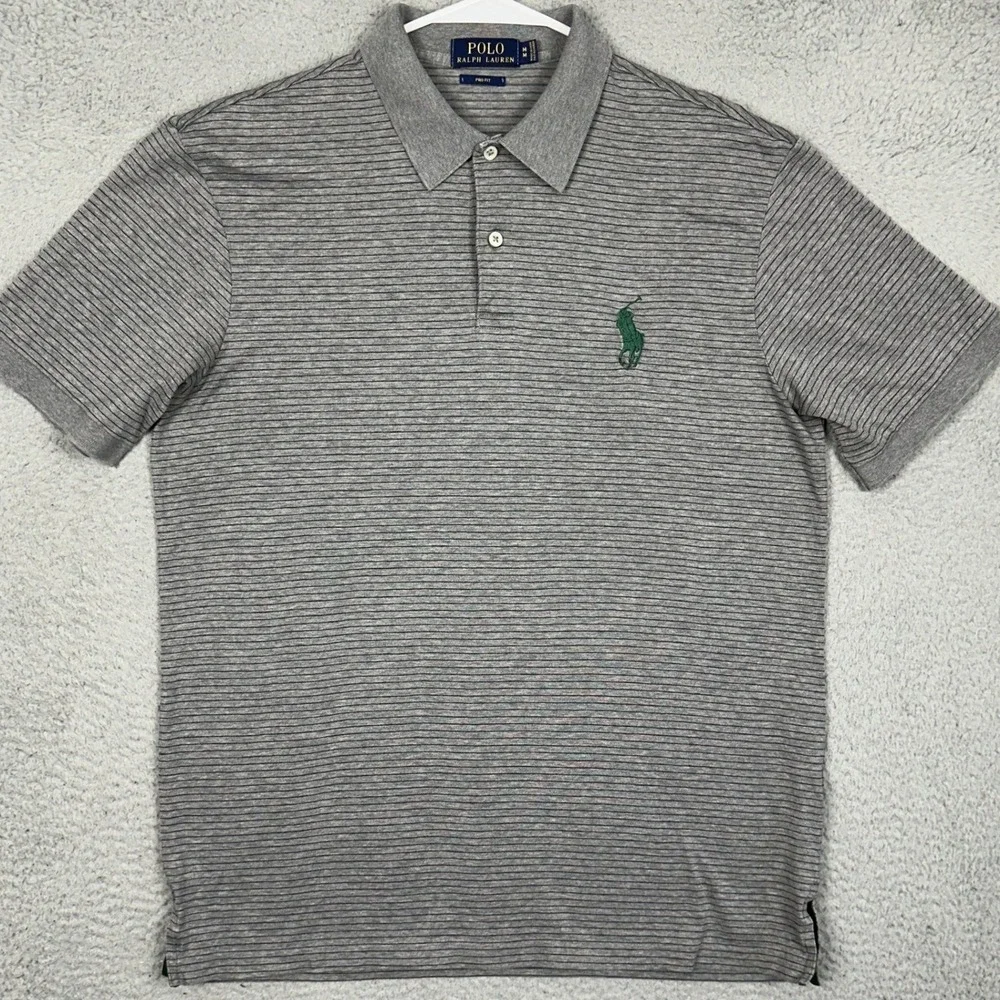 Polo Ralph Lauren Polo Shirt Mens Medium Grey Striped Pro Fit Big Pony Rugby